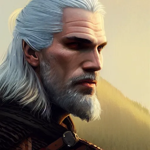 Image similar to geralt of rivia portrait, dramatic light, lake background, 2 0 0 mm focal length, painted by stanley lau, painted by greg rutkowski, painted by stanley artgerm, digital art, trending on artstation