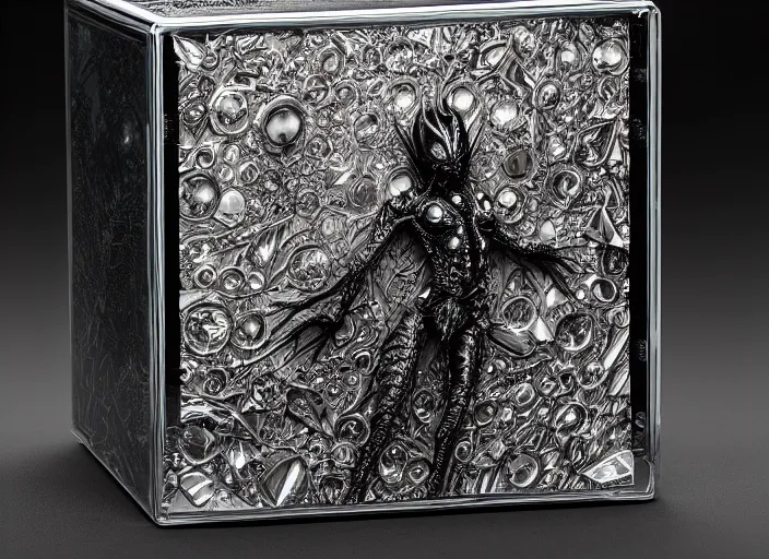 Prompt: reflective crystal box with horrors inside. Fantasy horror style. Highly detailed 8k. Intricate. Nikon d850 55mm. Award winning photography.