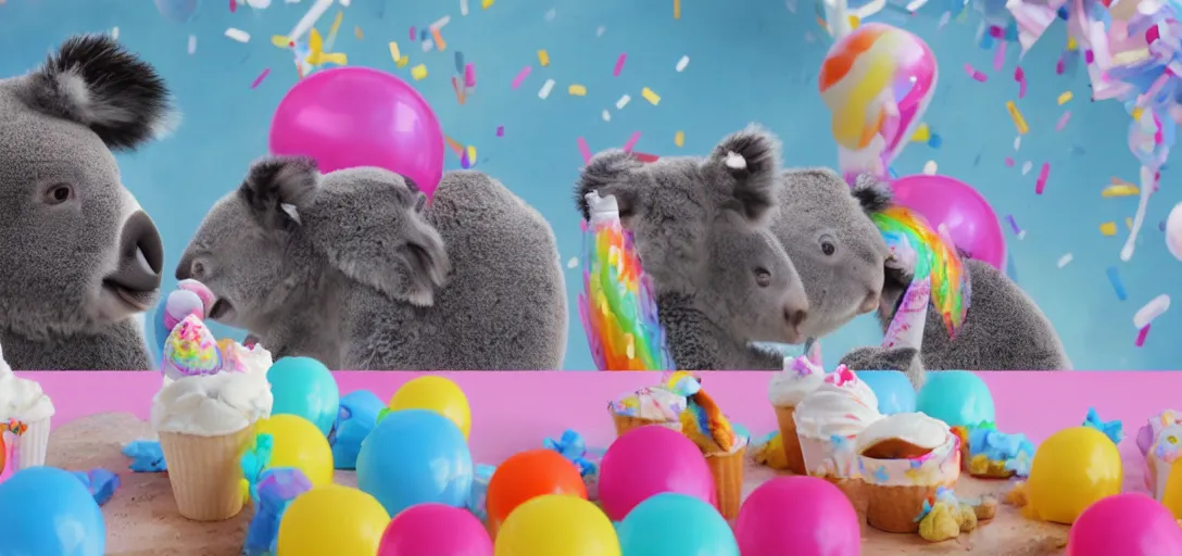 Image similar to a medium shot of a unicorn and koala enjoying ice cream cones at a birthday party for penguins, highly detailed, Pixar movie, anamorphic lens