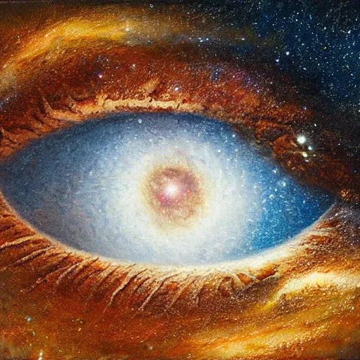 Image similar to a highly detailed photorealistic painting of the milky way galaxy reflecting off a human eye