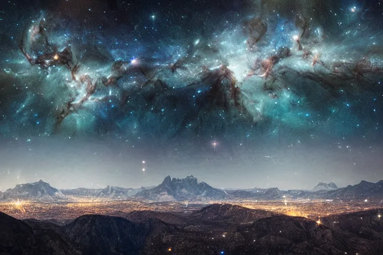 Prompt: a beautiful double exposure of a deep field astrophotography image by hubble in the sky and a night time landscape with mountains and a cityscape, lpoty, award winning, apod