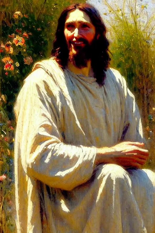 Image similar to impressionist brushstrokes!!!!!!!!! solomon joseph solomon and richard schmid and jeremy lipking victorian loose genre loose painting full length portrait painting of jesus with a slight smile happy inviting