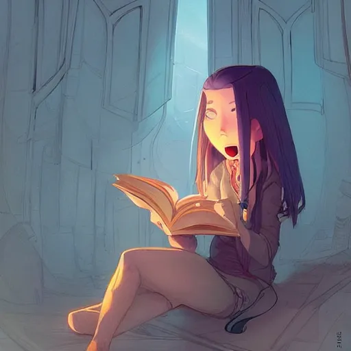 Image similar to a pixar girl reading a book, long hair flowing down, symmetrical, style of by Jordan Grimmer and greg rutkowski, crisp lines and color,