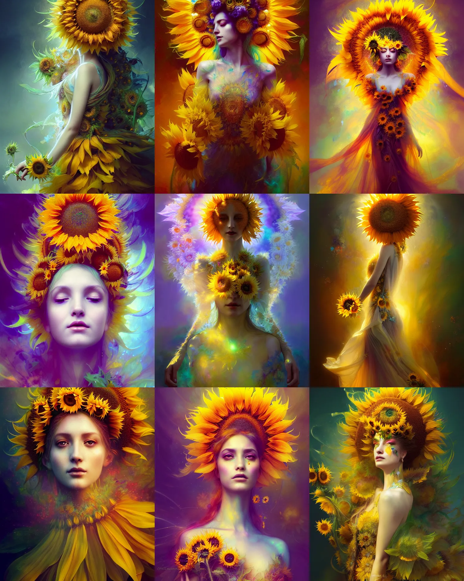 Prompt: Full View Portrait Mystical ethereal sunflower deity wearing beautiful dress, sunflower Dryad, 4k digital masterpiece by Anna dittman and Ruan Jia and Alberto Seveso, fantasycore, Hyperdetailed, realistic oil on linen, soft lighting, sunflower background, featured on Artstation
