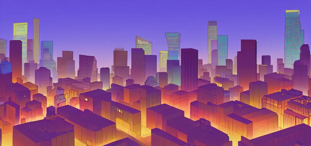 Image similar to los angeles cityscape, visual development by lou romano and dice tsutsumi, evening, pixar, dynamic lighting