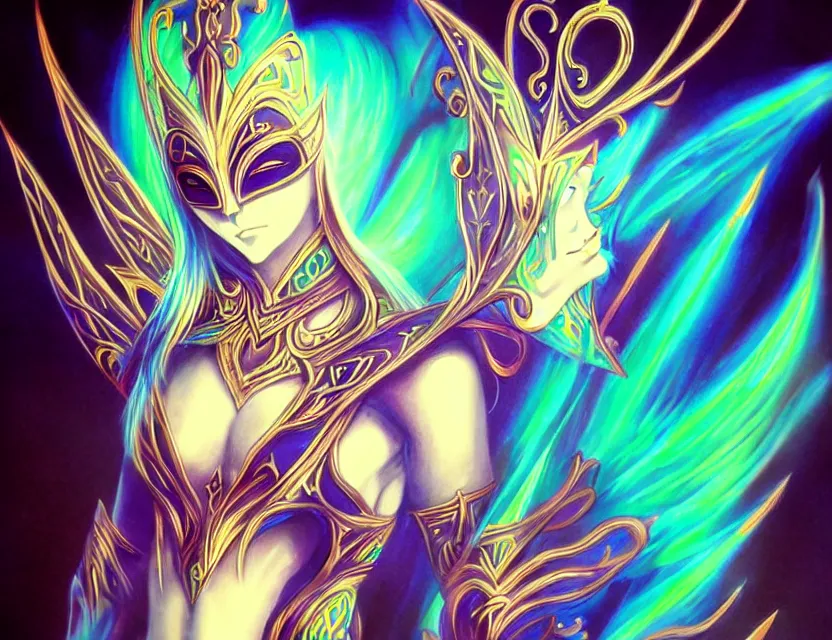 Image similar to elven masked deity. this air brush painting by an indie anime artist has an interesting color scheme, plenty of details and impeccable lighting.