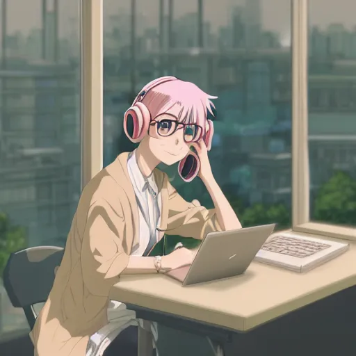 Image similar to high definition anime portrait of an anime girl with pastel colored hair sitting at a desk studying with headphones on, background is a window looking out into a busy Tokyo district, lo-fi art, masterpiece by Makoto Shinkai, trending on artstation, sharp high quality anime, digital art, photoshop, proportionate, ambient lighting, clear facial festures