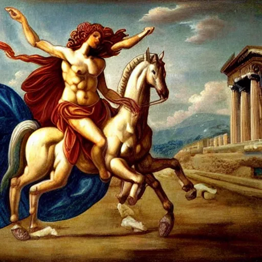Image similar to painting of Centaur and Pegasus at the Acropolis, Greek gods, Zeus, Poseidon, Aphrodite, intricate, high detail, sensual, in the style of Michaelangelo