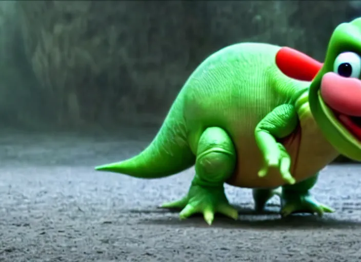 Image similar to film still of yoshi in the new sci - fi movie, cute upright standing upright upright dinosaur standing on its hind legs with a small red turtle shell and sticking out a long sticky tongue, 8 k