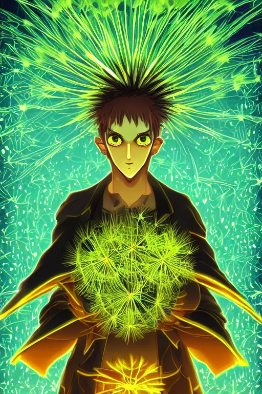 Image similar to nuclear mushroom cloud dandelion male anime character, symmetrical, highly detailed, digital art, sharp focus, trending on art station, green eyes, glowing radioactive colours