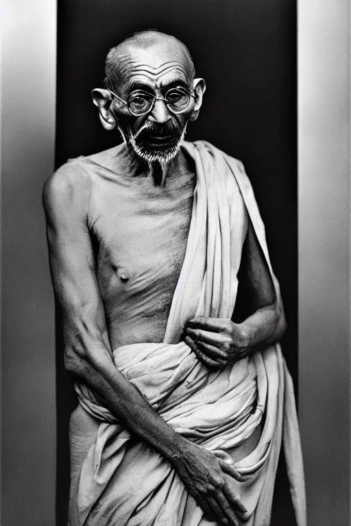 Image similar to 5 mm f 8 full body portrait photography of a person that looks like a mix of claudia black + mahatma gandhi, future apocalypse setting, by yousuf karsh
