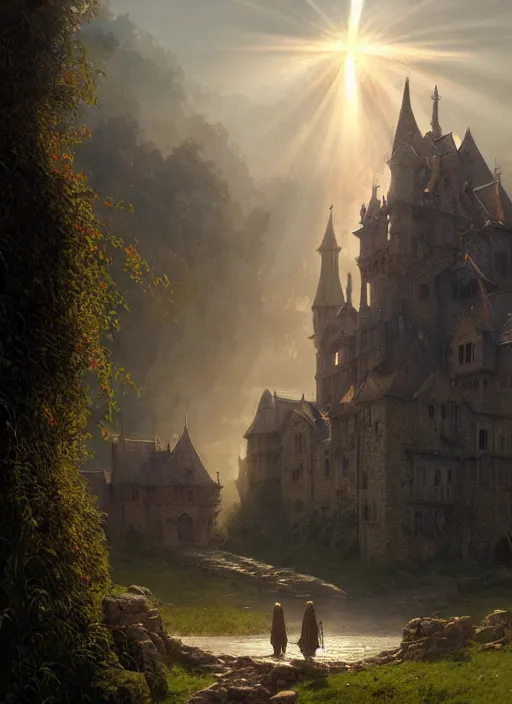 Prompt: medieval castle, mist, sunrays, dust in the air, dnd character, unreal engine, octane render, dramatic lighting, pond, digital art, by stanley artgerm lau, greg rutkowski, thomas kindkade, alphonse mucha, loish, norman rockwell,