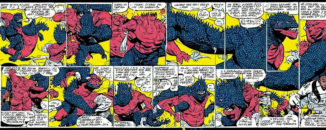 Prompt: godzilla slam dunking baskeball on shaq, marvel comic, 1 9 6 0's style, comic strip