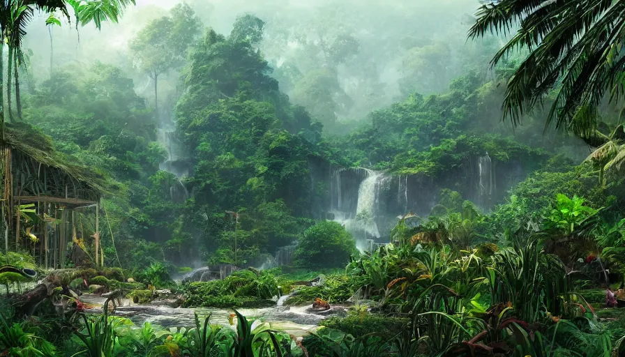 Image similar to abandoned zoo covered by vegeration in the heart of the jungle, sunny morning, mountains and waterfalls, light fog, hyperdetailed, artstation, cgsociety, 8 k