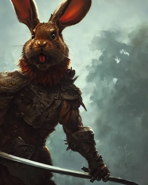 Prompt: oil painting of Angry Anthropomorphized Rabbit Berserker, wearing armor, claws, sharp focus, attack pose, fantasy style, octane render, volumetric lighting, 8k high definition, by greg rutkowski, highly detailed, trending on art Station, magic the gathering artwork, burning Battlefield background, centered