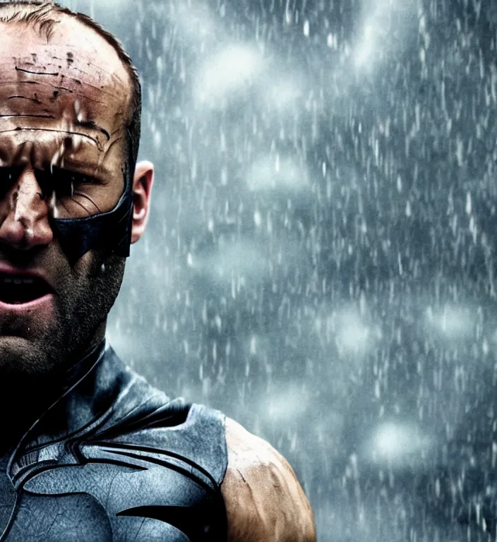 Image similar to cinematic still of jason statham as batman, screaming in pain, dramatic rain, 8 k