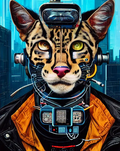 Prompt: a portrait of an anthropomorphic cyberpunk ocelot by sandra chevrier, by jon foster, detailed render, tape deck, epic composition, cybernetics, 4 k realistic, cryengine, realistic shaded lighting, sharp focus, masterpiece, by enki bilal