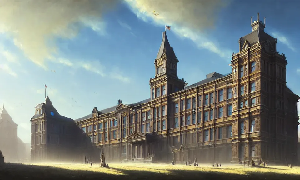 Image similar to a large victorian college building in a town, blue sky, higjly detailed, sunny, volumetric, cinematic lighting, realistic, digital art by greg rutkowski