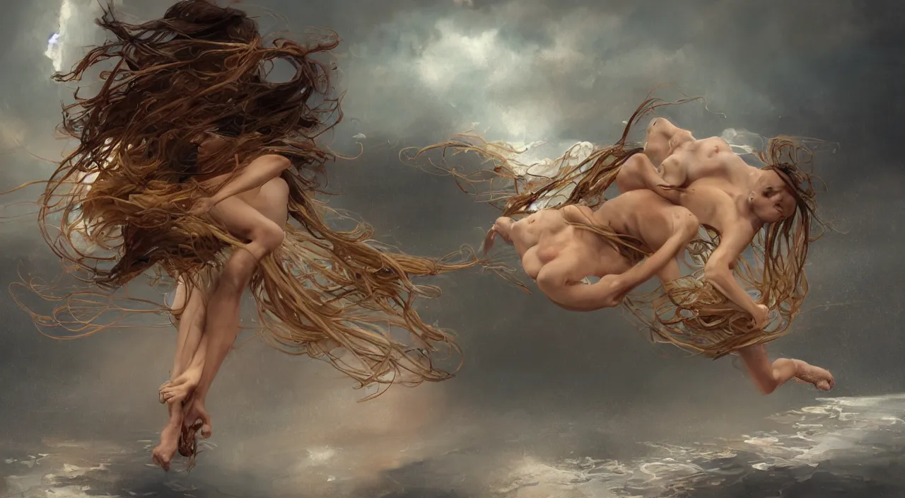 Image similar to 3 0 perfect woman bodies flying inside spaghetti bolognesa with meatballs and hundred rusted perfect woman bodies flying in stormy clouds by by jeremy mann and alphonse mucha, fantasy art, photo realistic, dynamic lighting, artstation, poster, volumetric lighting, very detailed faces, 4 k, award winning, hyper - realism