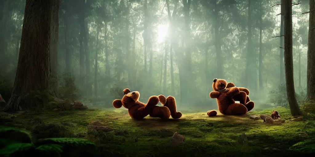 Image similar to a giant ant is riding a giant teddy bear in a forest, moody, cinematic light, matte painting, concept art, highly detailed, 8k