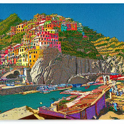 Prompt: illustration, french bande dessinée, final fantasy, mediterranean landscape, quaint village, cinq terre, highly detailed, luminous, by moebius