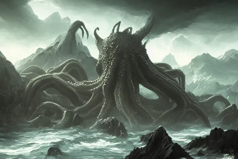 Image similar to giant Cthulhu, photorealistic, long shot, epic, horizon mountain over water by Andree Wallin