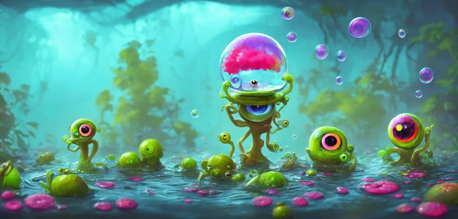 Prompt: colourful murky nature with cute bubble creatures big two eyes appearing from the flowers in water, in the style of craola, shallow depth of field, highly detailed, digital painting, trending artstation, concept art, illustration, cinematic lighting, vibrant colors, photorealism, epic, octane render