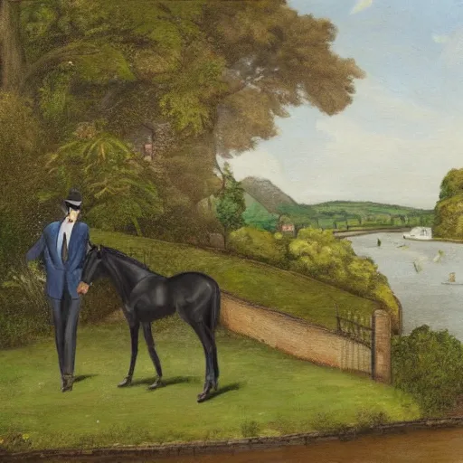 Prompt: horse and man in suit overlooking the river in the garden of a house by a river in england, visual novel, painting