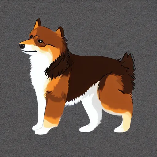 Image similar to excited brown and tan domino finnish lapphund, studio ghibli art style