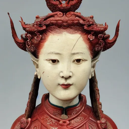 Prompt: museum angeline joile portrait statue monument made from chinese porcelain brush face hand painted with iron red dragons full - length very very detailed symmetrical well proportioned