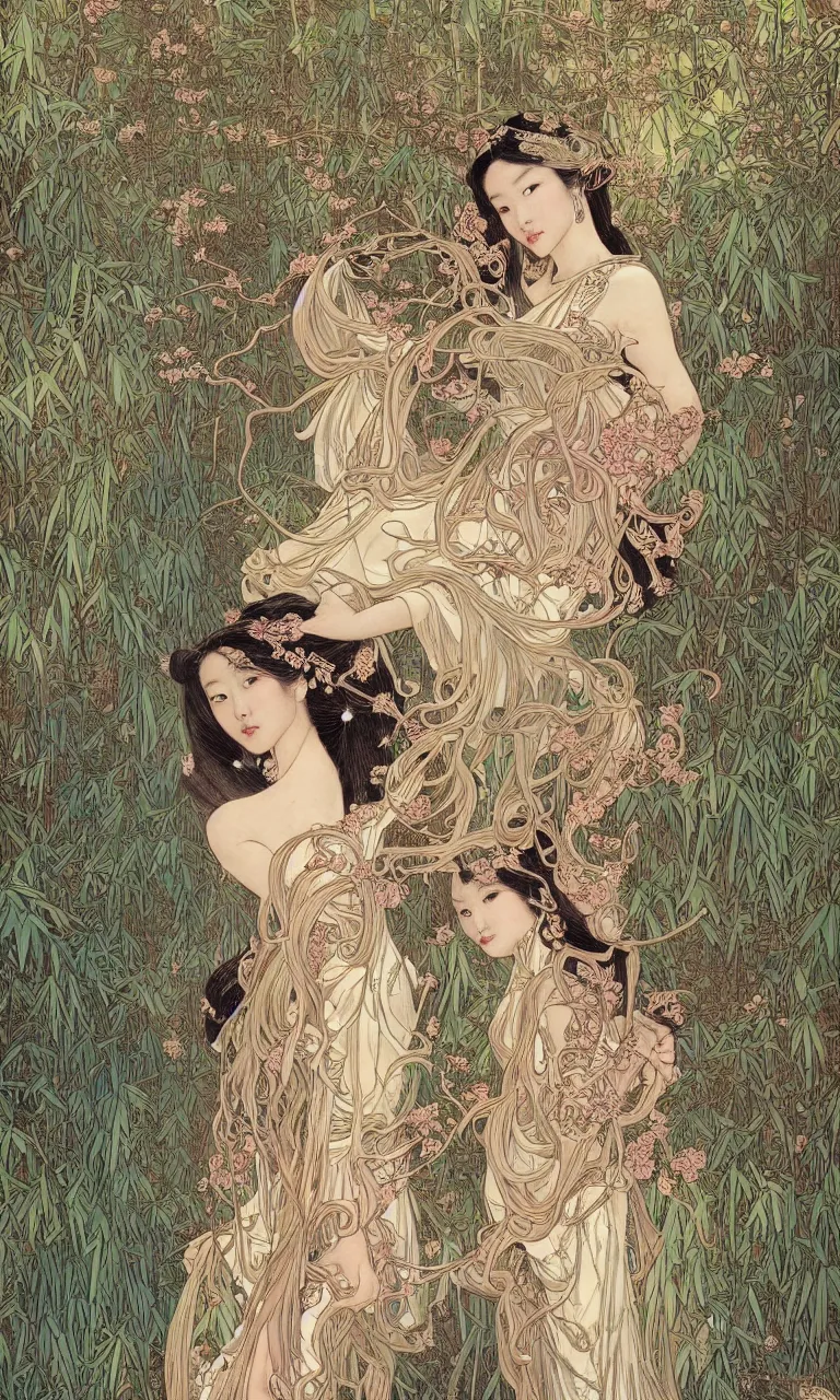 Image similar to a beautiful portrait of an ancient chinese princess in the bamboo forest, flowing hair, fantasy, regal, intricate, art nouveau, swirly intricate linework background by stanley artgerm lau, greg rutkowski, victo ngai, alphonse mucha, loish, norman rockwell