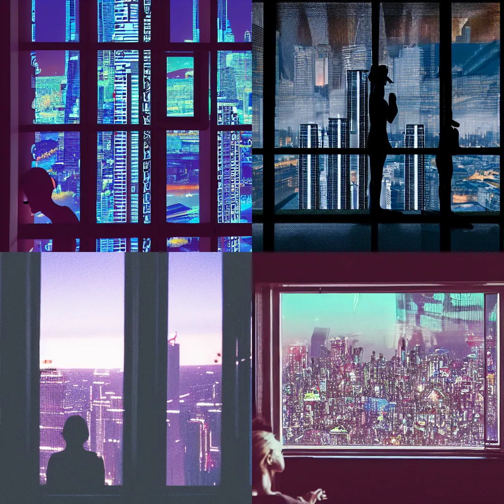 Prompt: View from window on megapolis, silhouette of women who watches to the window, cyberpunk