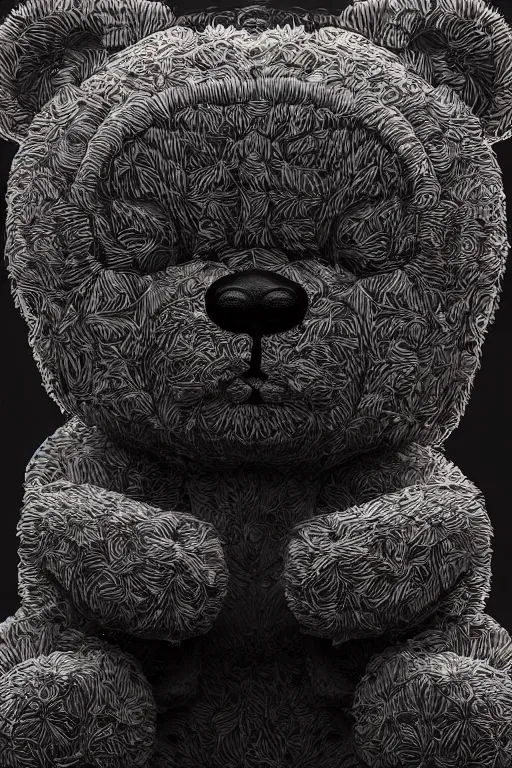 Prompt: portrait of a creepy horror teddy bear . intricate abstract. intricate artwork. nightmare fuel. terrifying. by Tooth Wu, wlop, beeple, dan mumford , trending on artstation, greg rutkowski very coherent symmetrical artwork. cinematic, hyper realism, high detail, octane render, 8k, iridescent accents