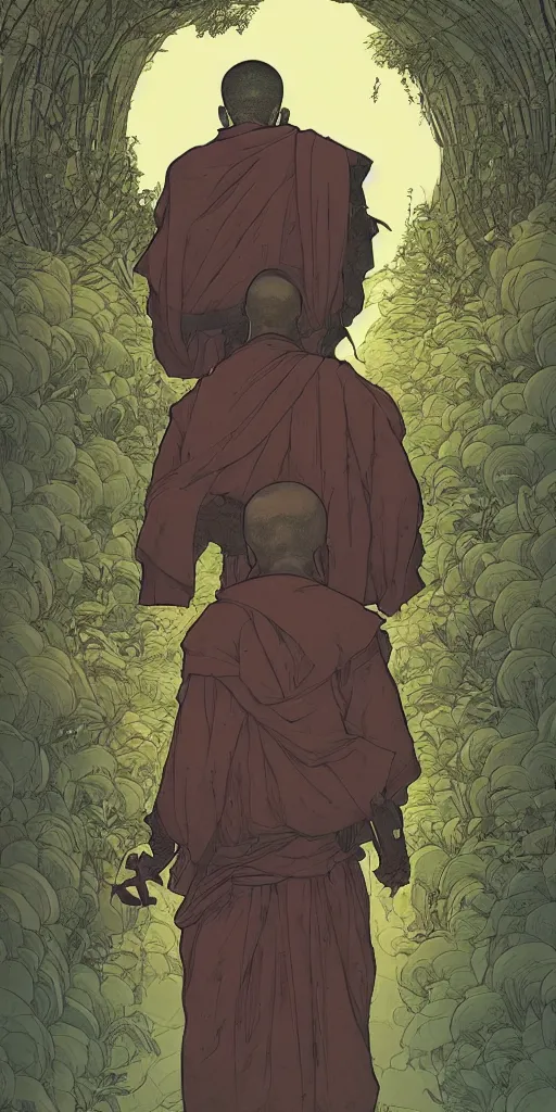 Prompt: portrait of the back of a monk, standing, Borderlands and by Feng Zhu and Loish and Laurie Greasley, Victo Ngai, Andreas Rocha, John Harris