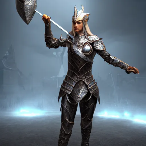 Image similar to full - body shot of a powerful elven female knight with a shield and a sword, ultra - hd, hcl, 1 2 - bit, ar, volumetric lighting, screen space global illumination, opaque, optics, lumen reflections, vfx, insanely detailed and intricate