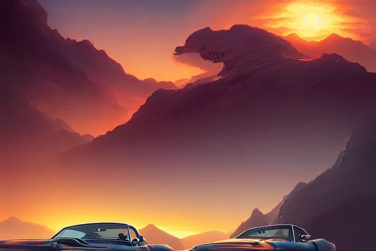 Prompt: a 1 9 6 8 mustang driving down a long country road, coriolios rpg art style, full of details, warm sunset colors, matte painting, artstation, 8 k, hyperrealistic, style of peter mohrbacher, album cover, extreme long shot, mountains, panoramic, wide shot