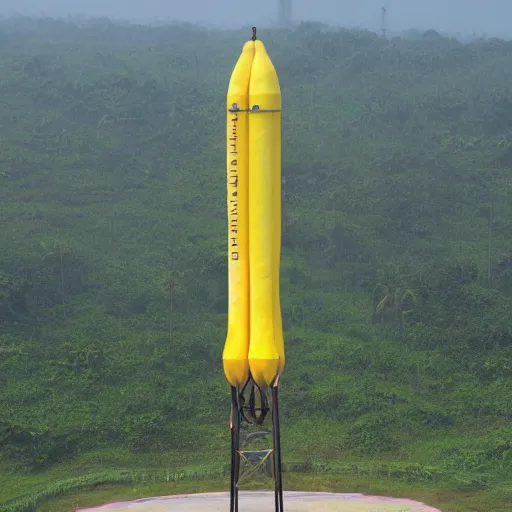 Prompt: a banana rocket on launch pad at wenchang space launch site in hainan, china
