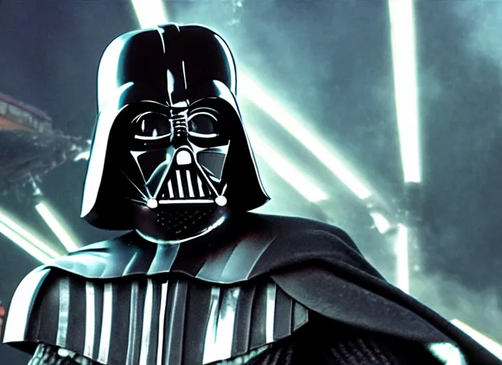 Prompt: film still of Darth Vader goes to a rave in the new Star Wars movie, 4k