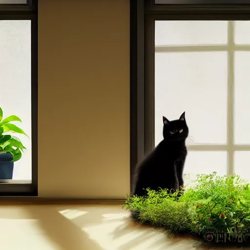 Prompt: peaceful dreamy painting of a content black cat sitting by a window, sunshine coming through the window, small plants on the window sill, 4k resolution, highly detailed, ultra realism