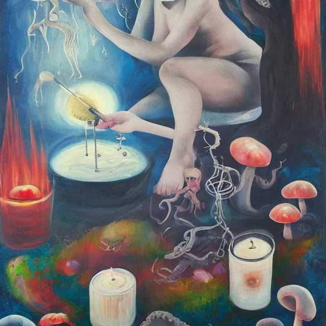 Prompt: sensual female painting a self - portrait, pancakes, camp fire, river, dusk, moonlight, another planet, moonscape, barren, berries, octopus, surgical supplies, mushrooms, scientific glassware, fungus, candle dripping white wax, berry juice drips, neoexpressionism, surrealism, acrylic and spray paint and oilstick on canvas