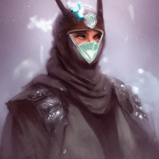 Image similar to bandit from ‘ icewind dale ’ with a frost gem mask, ‘ icewind dale 2 ’ profile portrait by ‘ justin sweet ’, falling snow, soft focus, illustration, oil paint, artstation