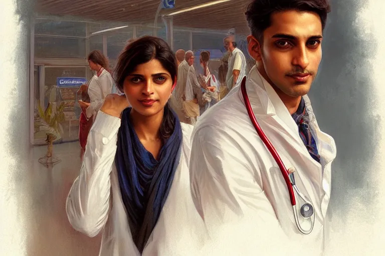 Image similar to Anxious good looking pale young Indian doctors wearing American clothes at the airport, portrait, elegant, intricate, digital painting, artstation, concept art, smooth, sharp focus, illustration, art by artgerm and greg rutkowski and alphonse mucha