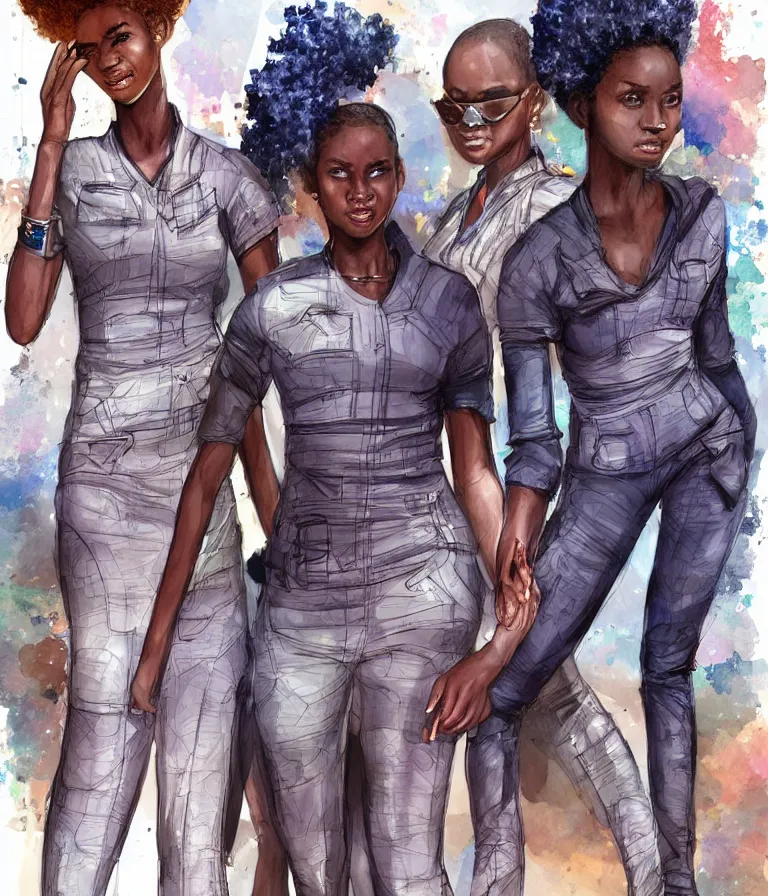 Prompt: a perfect, realistic professional digital sketch of african schoolgirls posing in a sci-fi afro futuristic cityscape, style of Marvel, full length, by pen and watercolor, by a professional American senior artist on ArtStation, a high-quality hollywood-style sketch, on high-quality paper