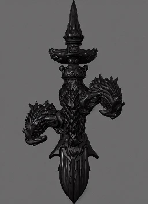 Image similar to a black long sword skull crest, orthographic, ornament, weapon, a 3 d render by dom qwek, front side views full, trending on polycount, artstation, hard surface modeling, rendered in maya, 3 ds max, blender, hd, vray, berserk guts