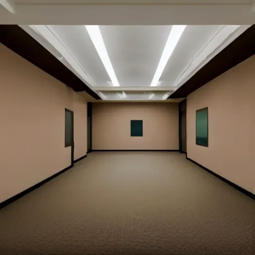 Image similar to an ominous endless space of empty connecting rooms with vanilla colored wallpaper and brown carpet, no windows