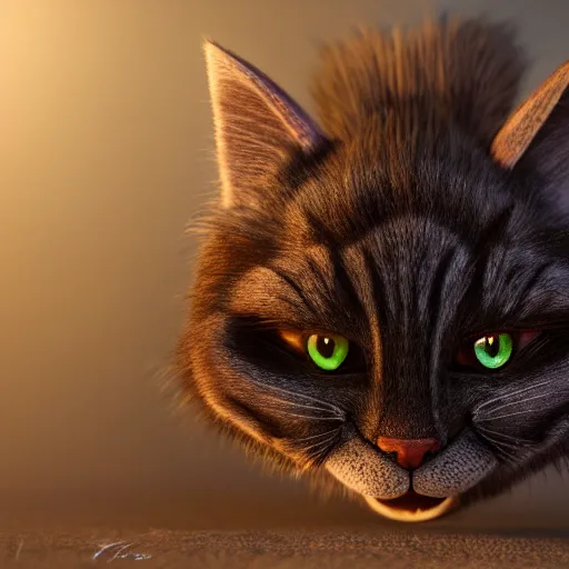 Image similar to full body pose, hyperrealistic photograph of the cheshire cat as a kitten, dim volumetric lighting, 8 k, octane beautifully detailed render, extremely hyper detailed, intricate, epic composition, cinematic lighting, masterpiece, trending on artstation, very very detailed, stunning, hdr, smooth, sharp focus, high resolution, award, winning photo, dslr, 5 0 mm