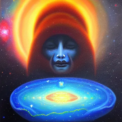 Image similar to facing the evil darkness dark star galactic nebular astral realm sacred journey in oil painting, trending on artstation, award winning, emotional, highly detailed surrealist art