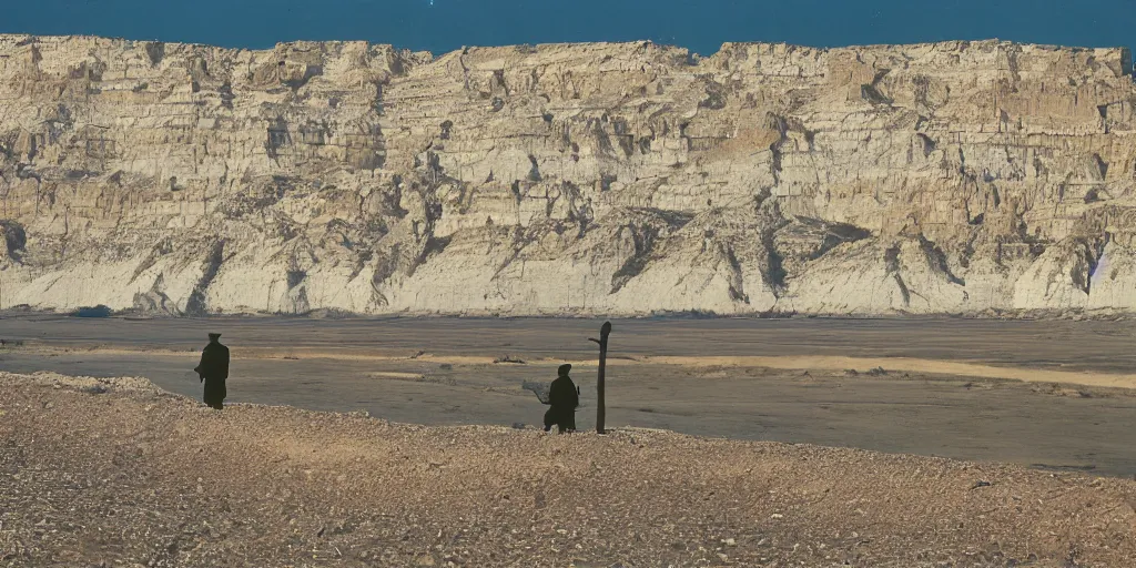 Image similar to photo of green river, wyoming cliffs. the silhouette of an old man in a trench coat and a cane stands still very far away in the distance, facing at the camera. midday sun. hot and dry conditions. kodak ektachrome.