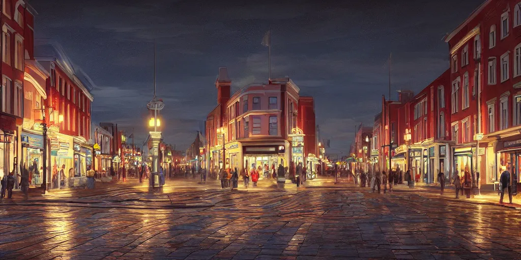 Image similar to Photorealistic Grafton Street on a quiet Charlottetown night. Hyperdetailed photorealism, UHD, amazing depth, glowing rich colors, golden ration, 3d shading, cinematic lighting, artstation concept art