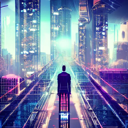 Image similar to a man standing on top of a bridge over a city, cyberpunk art by vincent lefevre, behance contest winner, altermodern, cityscape, synthwave, matte painting